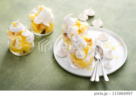 Lemon meringue and pound cake trifle in a glass Lemon meringue and pound cake trifle in a glass 113868997