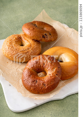 Homemade freshly baked bagels ready to eat 113869094
