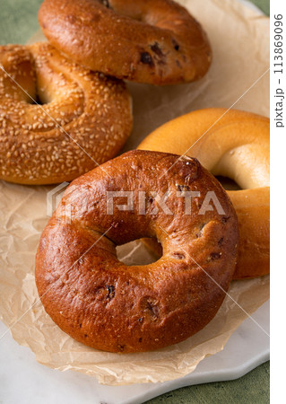 Homemade freshly baked bagels ready to eat 113869096