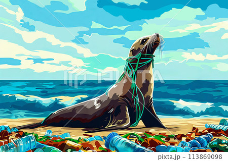 a seal is tied to a rope on the beach surrounded by plastic bottles,illustration in comic style 113869098