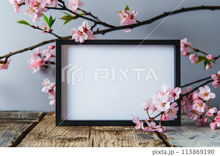 Pink flowers displayed in a white rectangular frame on a wooden table, mockup 113869190