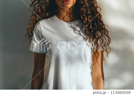 Curlyhaired woman in white tshirt with sunglasses, mockup 113869200