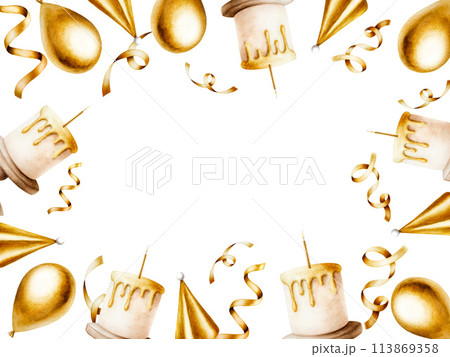 Watercolor golden frame with ribbon and streamer for birthday gifts, cap, foil balloons, holiday cake with candle. Hand drawn confetti for party decoration isolated on background. Shiny template Watercolor golden frame with ribbon and streamer for birthday gifts, cap, foil balloons, holiday cake with candle. Hand drawn confetti for party decoration isolated on background. Shiny template 113869358