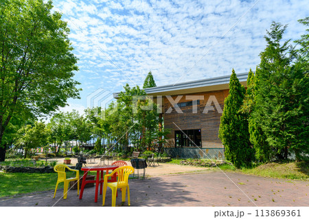 美しい自然光芒を浴びるガーデンテーブルと新緑風景(観光スポット バラ園内風景)(はな阿蘇美)) 美しい自然光芒を浴びるガーデンテーブルと新緑風景(観光スポット バラ園内風景)(はな阿蘇美)) 113869361
