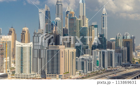 Dubai Marina skyscrapers aerial top view with clouds from JLT in Dubai timelapse, UAE. 113869631