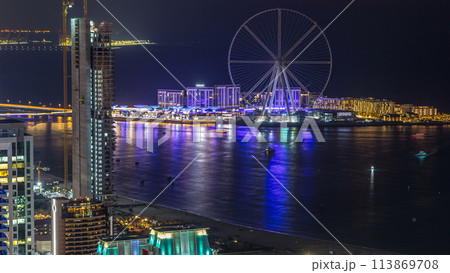 Bluewaters island aerial night timelapse with ferris wheel Bluewaters island aerial night timelapse with ferris wheel 113869708