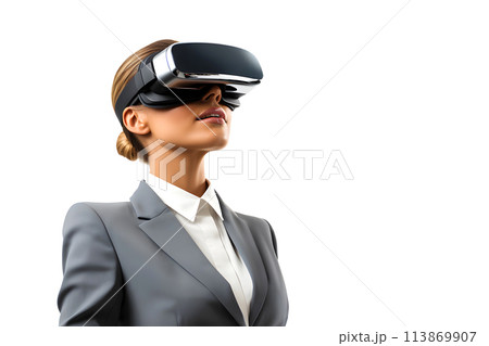 business woman in virtual simulator glasses. technological gadget for reviewing digital information  113869907