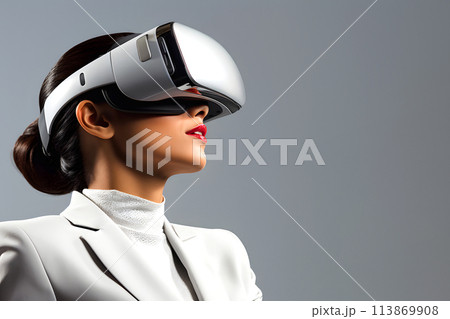 business woman in virtual simulator glasses. technological gadget for reviewing digital information 113869908