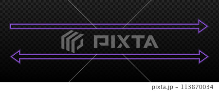 Long straight neon arrow and double arrow signs. Purple luminous direction or position sign and two sided pointer with soft blurry borders. Vector illustration 113870034