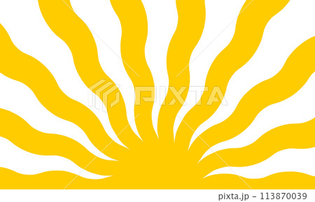 Sun with wavy yellow rays background. Sunburst, sunrise or sunset poster in trendy groovy style. Preppy summer theme wallpaper. Modern psychedelic print. Vector flat illustration Sun with wavy yellow rays background. Sunburst, sunrise or sunset poster in trendy groovy style. Preppy summer theme wallpaper. Modern psychedelic print. Vector flat illustration 113870039