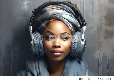 African woman in headphones listens to music emotionally African woman in headphones listens to music emotionally 113870084