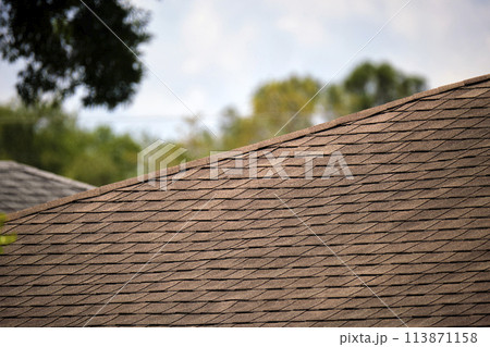 Closeup of house roof top covered with asphalt or bitumen shingles. Waterproofing of new building Closeup of house roof top covered with asphalt or bitumen shingles. Waterproofing of new building 113871158