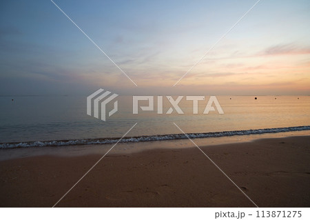 Calm sea shore with crushing waves on sandy beach at sunrise. 113871275