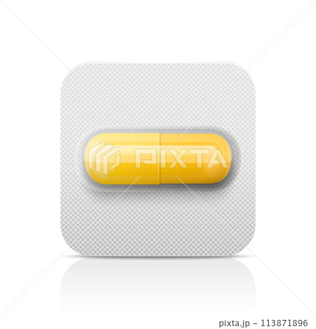 Vector Realistic Yellow Pharmaceutical Medical Pill, Vitamins, Capsule in Blister Closeup Isolated. Pill in Blister Packaging Design Template. Front View. Medicine, Health Concept Vector Realistic Yellow Pharmaceutical Medical Pill, Vitamins, Capsule in Blister Closeup Isolated. Pill in Blister Packaging Design Template. Front View. Medicine, Health Concept 113871896