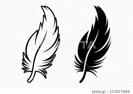 Vector Black and White Fluffy Feather Logo Icons. Silhouette Feather Set Closeup Isolated. Design Template of Flamingo, Angel, Bird Feather. Lightness and Freedom Concept 113871969