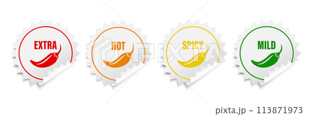 Realistic Vector Round Stickers with Spicy Chili Pepper Icon, Food Spicy Level. Red, Orange, Yellow, Green Jalapeno Pepper Strength Scale Sticker Indicators with Mild, Spicy, Hot and Extra Positions Realistic Vector Round Stickers with Spicy Chili Pepper Icon, Food Spicy Level. Red, Orange, Yellow, Green Jalapeno Pepper Strength Scale Sticker Indicators with Mild, Spicy, Hot and Extra Positions 113871973