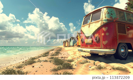 A vibrant red vintage bus is parked on a sandy beach, creating a striking contrast against the natural landscape. A vibrant red vintage bus is parked on a sandy beach, creating a striking contrast against the natural landscape. 113872209