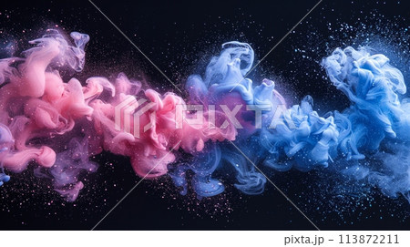 A captivating display of swirling blue and pink smokes dancing gracefully against a deep black background. 113872211