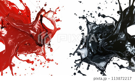 A mesmerizing collision of red and black liquids splashing together, creating a dynamic and visually captivating display against a painted background. 113872217