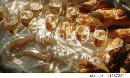 A table adorned with rows of shimmering champagne glasses, each filled to the brim, creating a visual spectacle of celebration and luxury. 113872244
