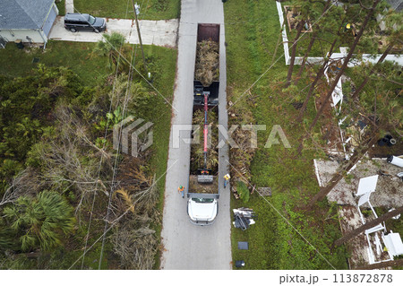 Special aftermath recovery dump truck picking up vegetation debris from suburban streets after hurricane Ian swept through Florida. Dealing with consequences of natural disaster 113872878