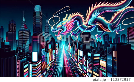ネオン都市の夜に煌めく龍 113872937