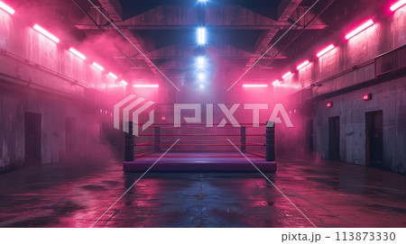 A pink boxing ring, featuring a solitary bench in the center, stands empty under the bright lights. 113873330