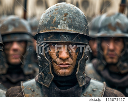 A close-up of a person, possibly a Roman legionnaire, wearing a helmet, showcasing strength and protection. 113873427