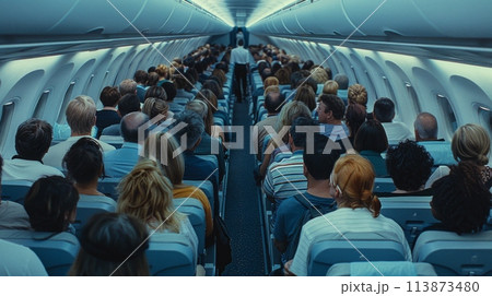 A diverse group of passengers sit comfortably in an airplane, ready to embark on their journey as the aircraft commander oversees the preparations. 113873480
