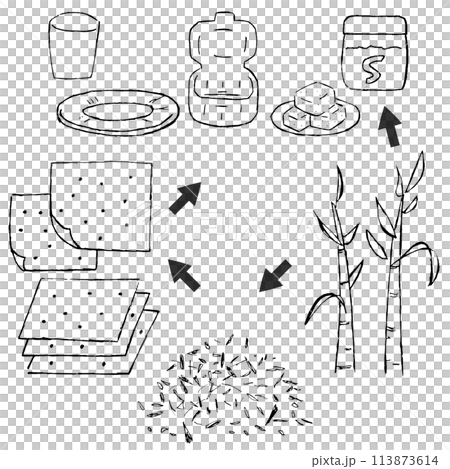 バガス(サトウキビの搾りカス)が紙皿や紙コップやランチボックスの容器になるまでの手描きイラスト 113873614