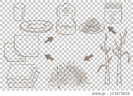 Hand-drawn illustration of bagasse (squeezed sugar cane) until it becomes a container for paper plates, paper cups and lunch boxes Hand-drawn illustration of bagasse (squeezed sugar cane) until it becomes a container for paper plates, paper cups and lunch boxes 113873628