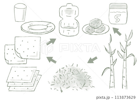 バガス(サトウキビの搾りカス)が紙皿や紙コップやランチボックスの容器になるまでの手描きイラスト バガス(サトウキビの搾りカス)が紙皿や紙コップやランチボックスの容器になるまでの手描きイラスト 113873629