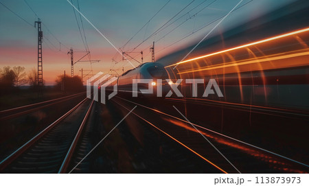 A train is traveling down the tracks with the sun setting in the background A train is traveling down the tracks with the sun setting in the background 113873973