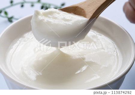 大豆ヨーグルト　豆乳ヨーグルト　スプーンで持ち上げる 113874292