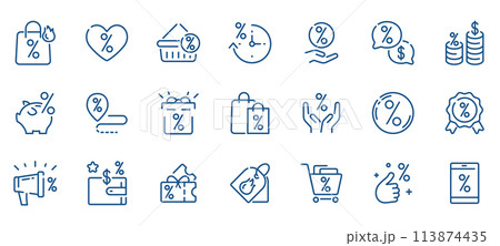 Hot Sale and Great Deals Icon Set: Discounts, Coupons, and Shopping Favorites. Features Piggy Banks, Price Drops, Promo Vouchers, and Gift Bags. Editable Linear Vector Icons for Retail, E commerce Hot Sale and Great Deals Icon Set: Discounts, Coupons, and Shopping Favorites. Features Piggy Banks, Price Drops, Promo Vouchers, and Gift Bags. Editable Linear Vector Icons for Retail, E commerce 113874435