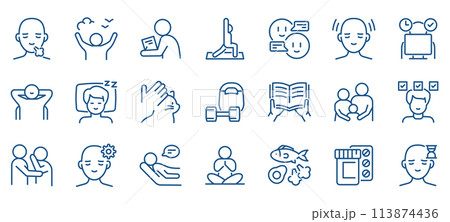 Stress Management Icon Set: Techniques and Activities to Relieve Stress. Includes Yoga, Healthy Sleep, Sports, Reading, and Proper Breathing. Editable Linear Vector Icons for Psychological Support. Stress Management Icon Set: Techniques and Activities to Relieve Stress. Includes Yoga, Healthy Sleep, Sports, Reading, and Proper Breathing. Editable Linear Vector Icons for Psychological Support. 113874436