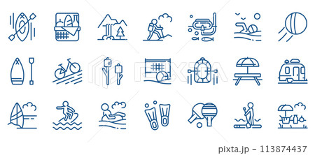 Outdoor Activities Icon Set: Camping, Hiking, Rafting, Diving, and Beach Sports. Features Icons for Mountain Treks, Wildlife Viewing, and Summer Travel. Editable Linear Vector Nature Collection 113874437