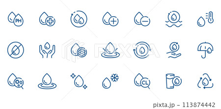Water Quality and Treatment Icons. Set of Vector Line Water Drops Infographic for Purification, Filtration, and Analysis in a Thin Line Style Water Quality and Treatment Icons. Set of Vector Line Water Drops Infographic for Purification, Filtration, and Analysis in a Thin Line Style 113874442