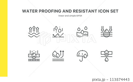 Water Quality and Management Icon Set: Enhancing Safety and Efficiency in Water Use. Features Droplets, Shields, Gears, Magnifying Glasses, and Chlorination.  Water Control, Reduction and Savings Icon 113874443