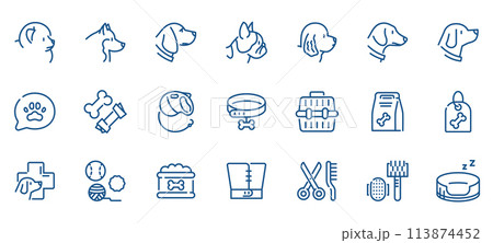 Dog Care Essentials Icon Set. Simple Linear Symbols for Pet Wellness, Nutrition, and Grooming. Dog Care Essentials Icon Set. Simple Linear Symbols for Pet Wellness, Nutrition, and Grooming. 113874452