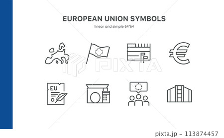 European Union Icon Set. Minimalistic Linear Symbols of EU Integration, Economics, and Governance. European Union Icon Set. Minimalistic Linear Symbols of EU Integration, Economics, and Governance. 113874457