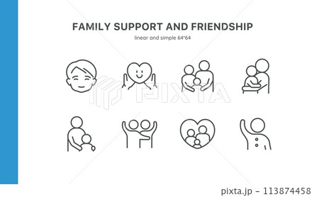 Family Care and Friendship Icon Set. Linear Design of Parental Support, Loving Relationships, and Child Well-being. 113874458