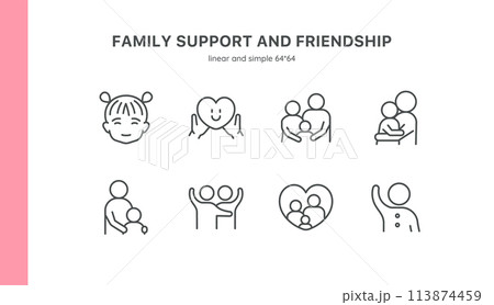 Family Support and Care Icon Set: Parent and Child Interactions. Features Mother, Father, and Children in Scenes of Hugs, Conversations, and Emotional Comfort. Editable Linear Vector Symbols. Family Support and Care Icon Set: Parent and Child Interactions. Features Mother, Father, and Children in Scenes of Hugs, Conversations, and Emotional Comfort. Editable Linear Vector Symbols. 113874459