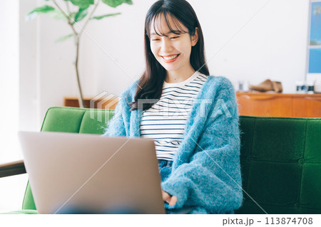 ソファでパソコンを使う女性 113874708
