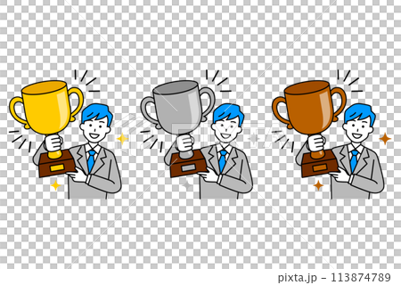 一群身穿西裝的男子舉起金、銀、銅獎杯 113874789