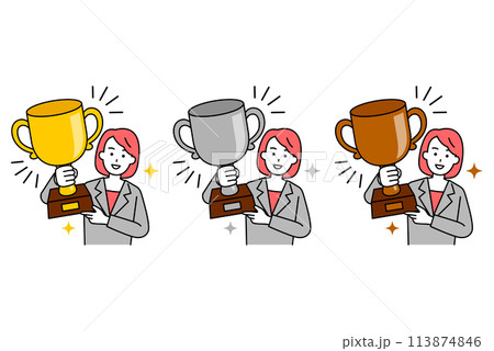 金・銀・銅のトロフィーを掲げるスーツの女性セット 金・銀・銅のトロフィーを掲げるスーツの女性セット 113874846