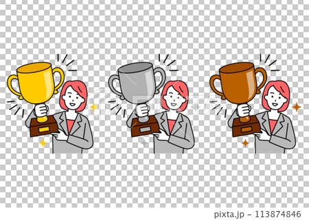 金・銀・銅のトロフィーを掲げるスーツの女性セット 金・銀・銅のトロフィーを掲げるスーツの女性セット 113874846