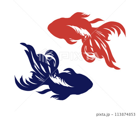筆で描いたような赤色と紺色の金魚のシルエットイラスト 113874853