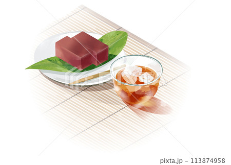 麦茶と水ようかんと簾のイラスト 113874958