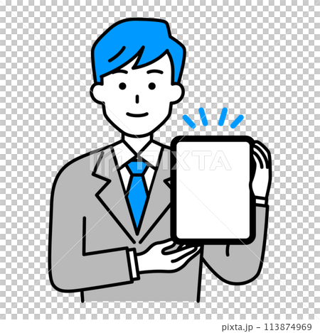 一個穿著西裝的男人拿著平板電腦解釋 113874969